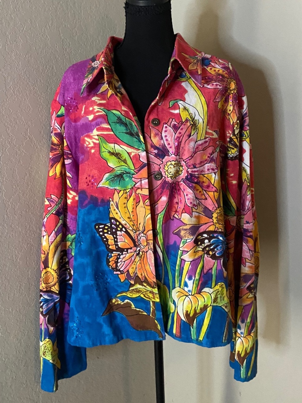 Take Two Vintage Floral Butterfly Graphic Cotton Button Jacket 1X Art To Wear